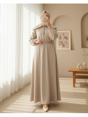 Boğazlı Yarım Fermuarlı Beli Büzgülü Kemerli Scuba Elbise -Bej