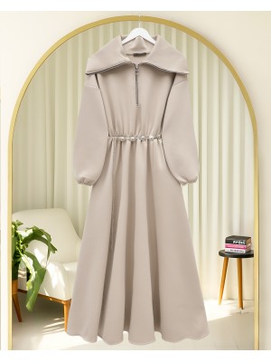 Boğazlı Yarım Fermuarlı Beli Büzgülü Kemerli Scuba Elbise -Bej