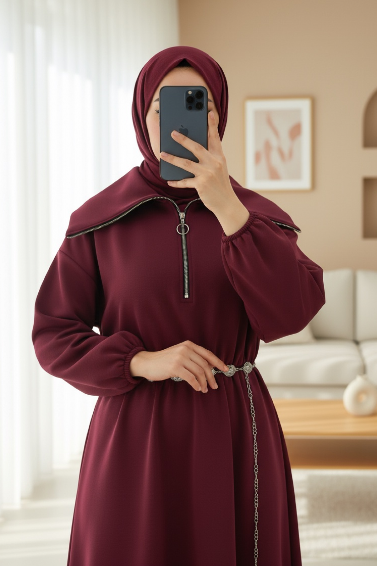Turtleneck Half Zippered Scuba Dress with Gathered Waist and Belt -Maroon