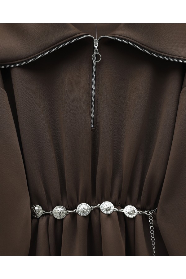 Turtleneck Half Zippered Scuba Dress with Gathered Waist and Belt -Brown