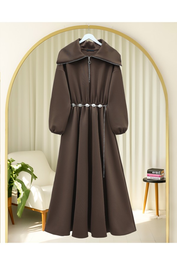 Turtleneck Half Zippered Scuba Dress with Gathered Waist and Belt -Brown