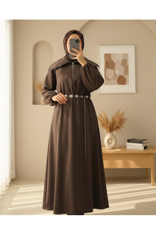 Turtleneck Half Zippered Scuba Dress with Gathered Waist and Belt -Brown