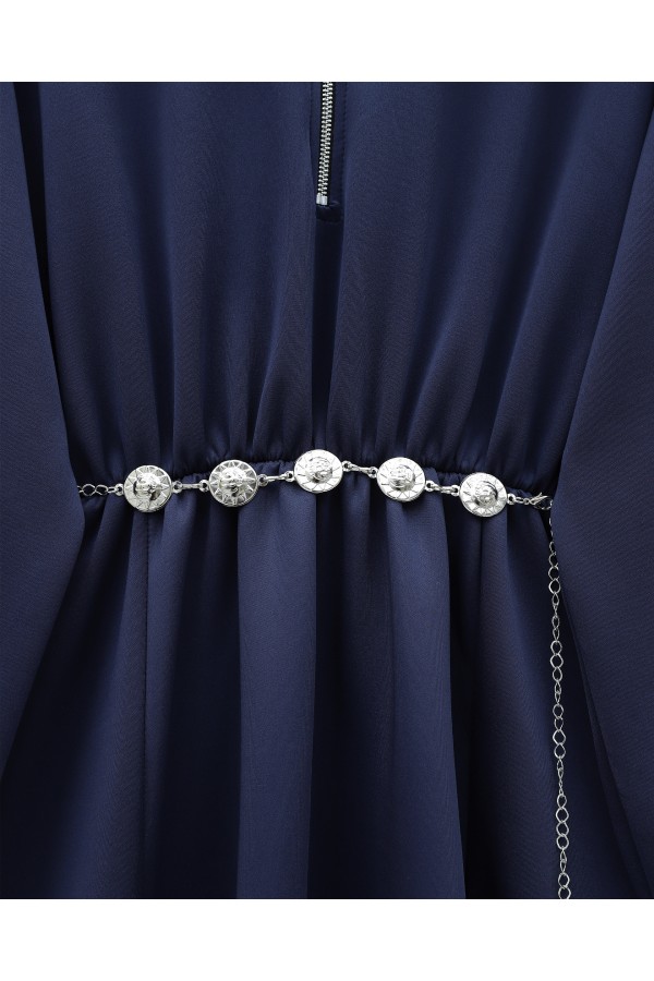 Turtleneck Half Zippered Scuba Dress with Gathered Waist and Belt -Navy blue