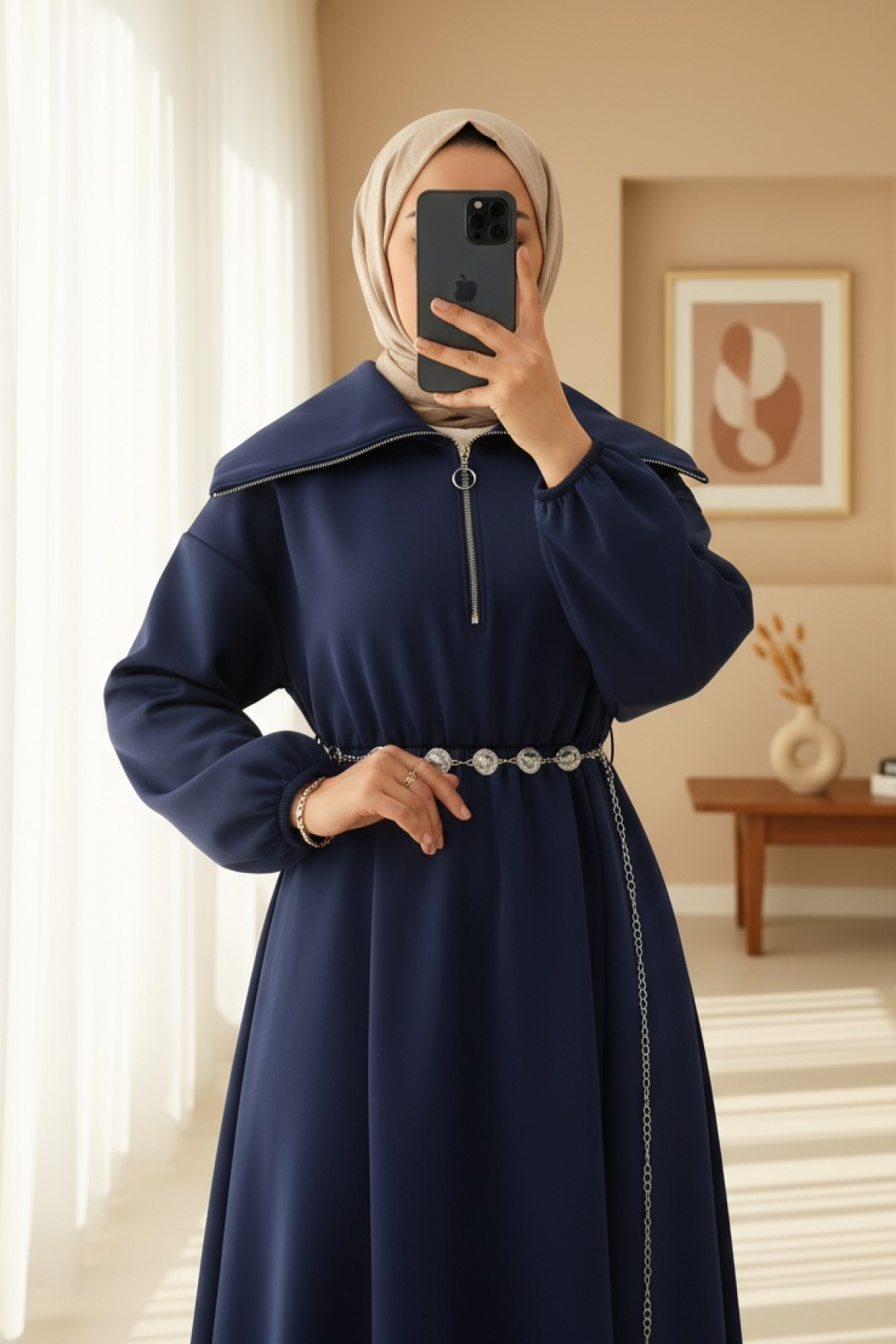 Turtleneck Half Zippered Scuba Dress with Gathered Waist and Belt -Navy blue