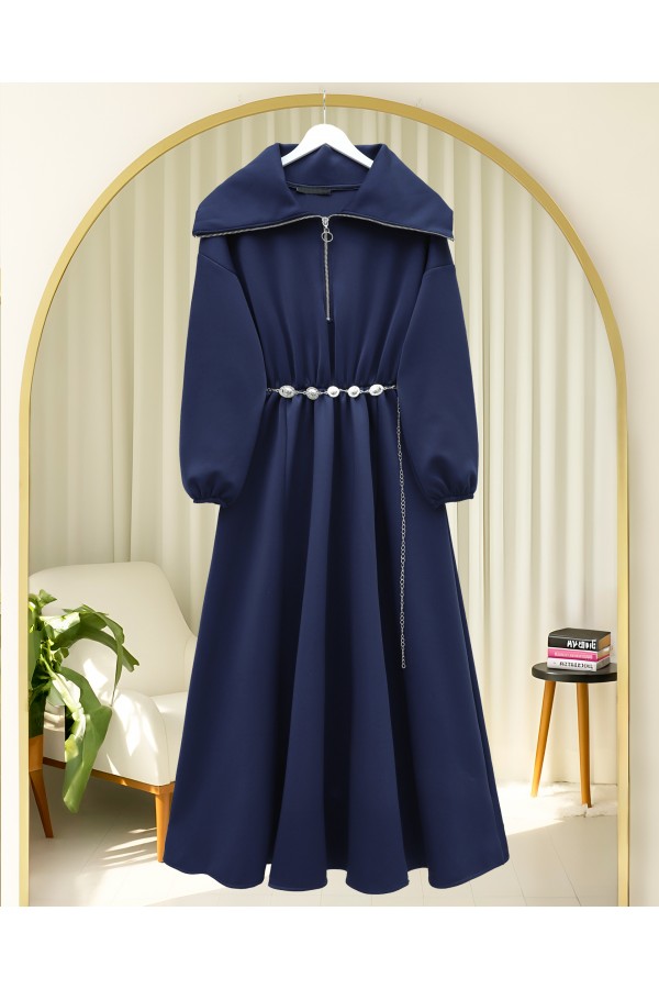 Turtleneck Half Zippered Scuba Dress with Gathered Waist and Belt -Navy blue