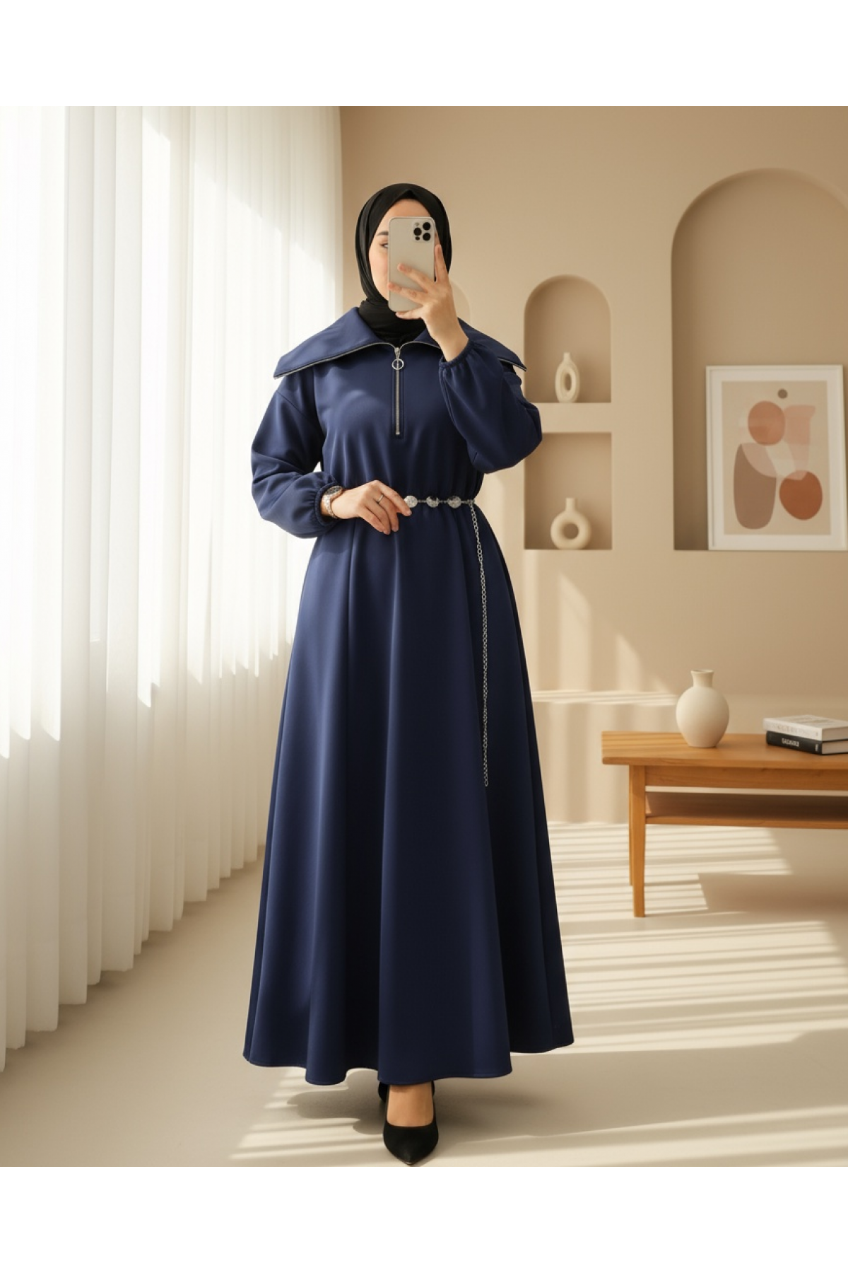 Turtleneck Half Zippered Scuba Dress with Gathered Waist and Belt -Navy blue