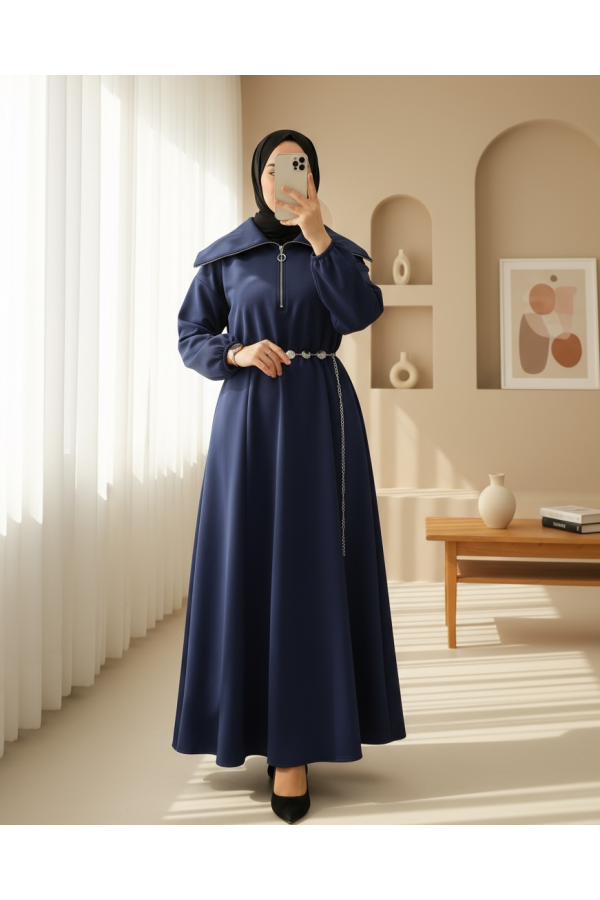 Turtleneck Half Zippered Scuba Dress with Gathered Waist and Belt -Navy blue