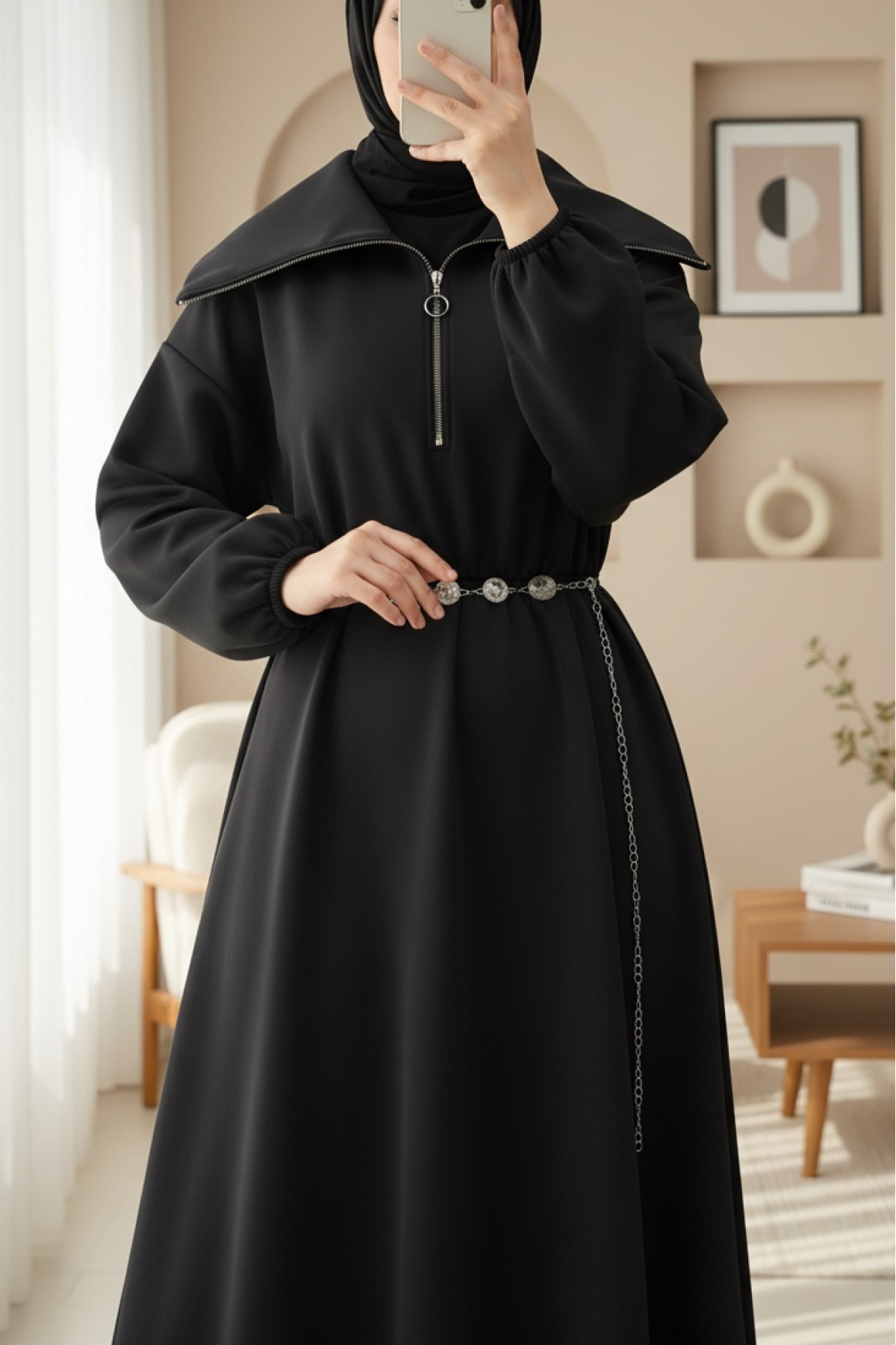 Turtleneck Half Zippered Scuba Dress with Gathered Waist and Belt -Black