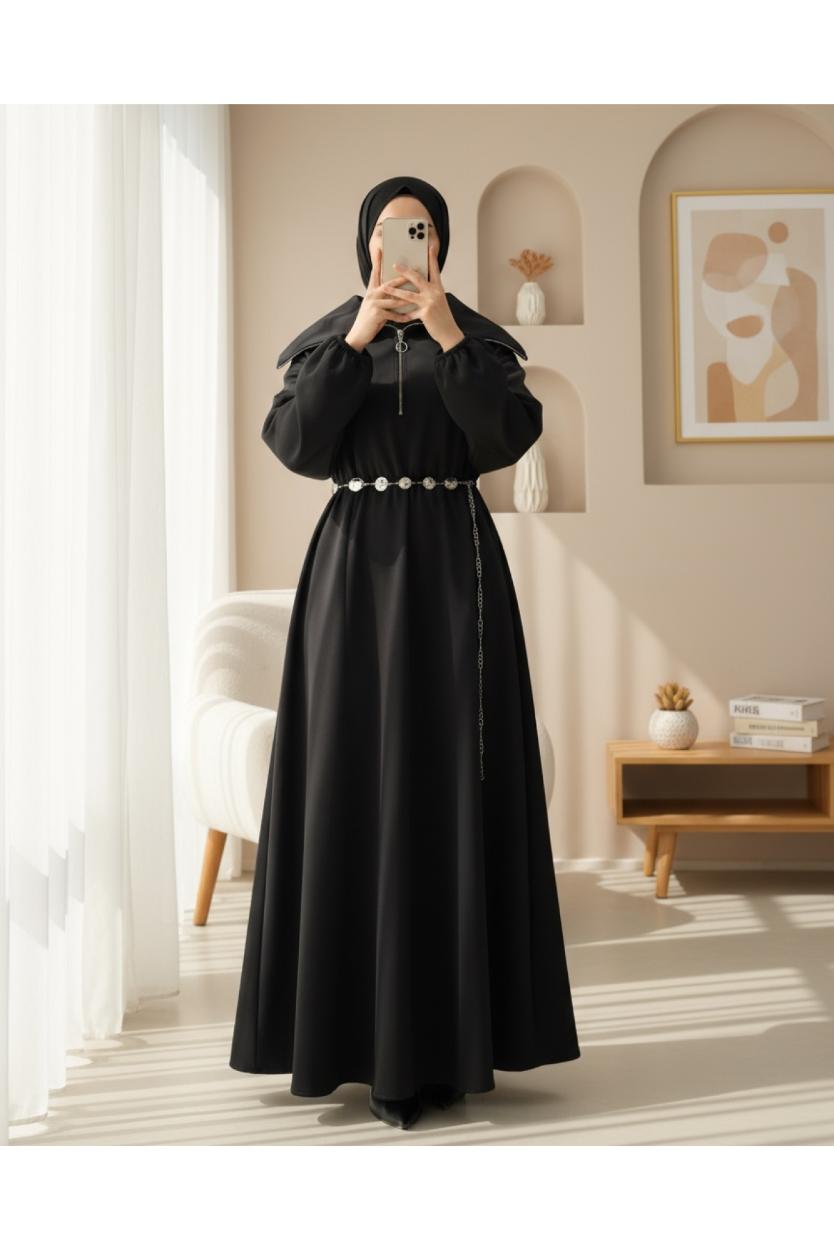 Turtleneck Half Zippered Scuba Dress with Gathered Waist and Belt -Black