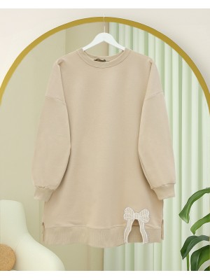 Loose Combed Cotton Tunic with Round Neck and Bow Detail - Beige