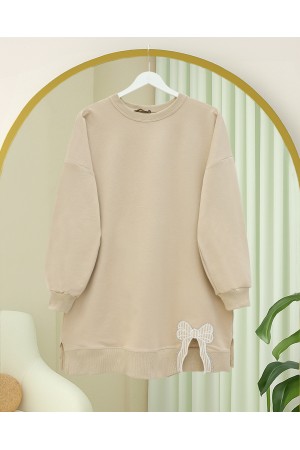 Yuvarlak Yaka Eteği Fiyonk Detaylı  Salaş Penye Tunik -Bej