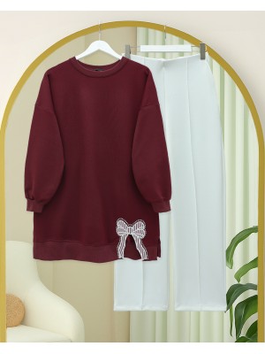 Loose Combed Cotton Tunic with Round Neck and Bow Detail -Maroon