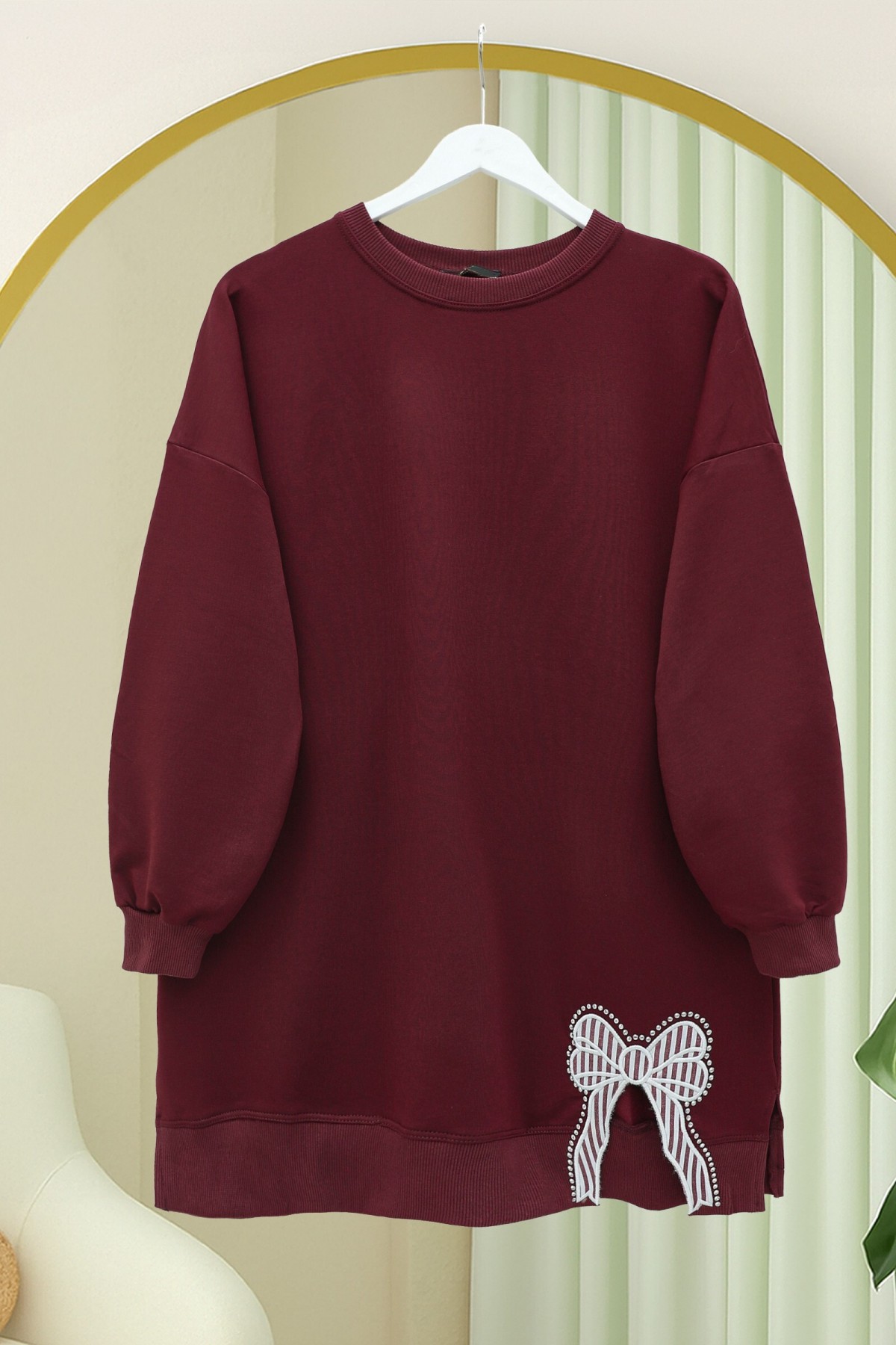 Loose Combed Cotton Tunic with Round Neck and Bow Detail -Maroon