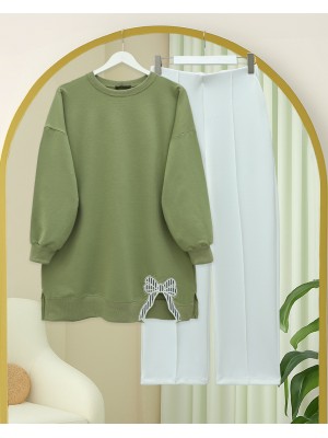 Loose Combed Cotton Tunic with Round Neck and Bow Detail -Cagla Green