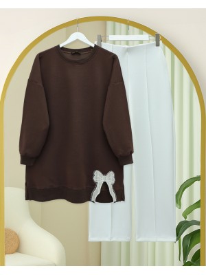 Loose Combed Cotton Tunic with Round Neck and Bow Detail -Brown