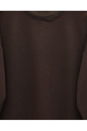Loose Combed Cotton Tunic with Round Neck and Bow Detail -Brown