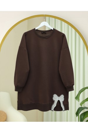 Loose Combed Cotton Tunic with Round Neck and Bow Detail -Brown