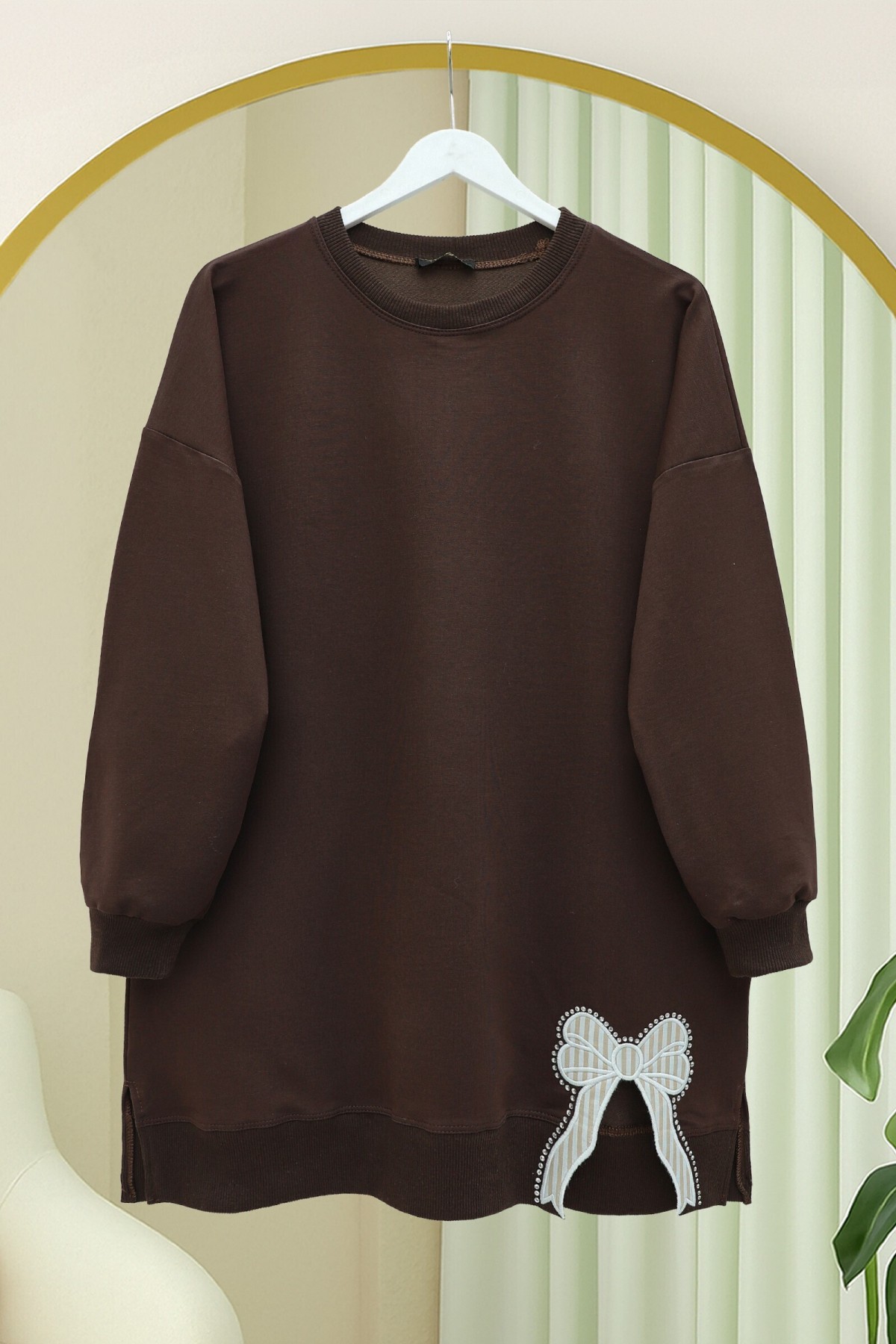 Loose Combed Cotton Tunic with Round Neck and Bow Detail -Brown