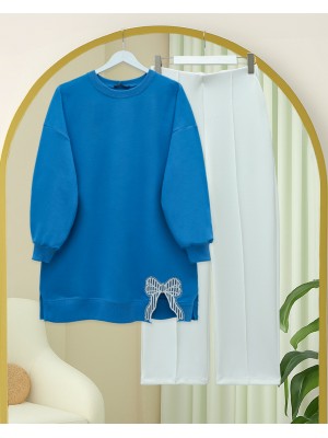 Loose Combed Cotton Tunic with Round Neck and Bow Detail -Blue