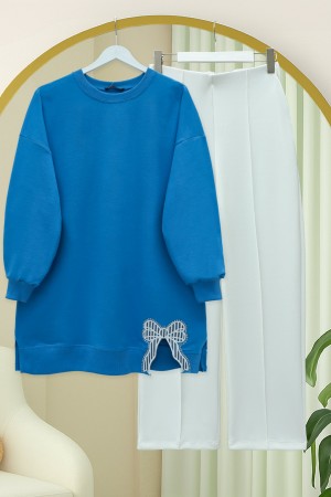 Loose Combed Cotton Tunic with Round Neck and Bow Detail -Blue