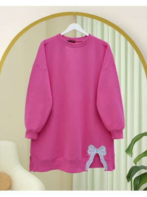 Loose Combed Cotton Tunic with Round Neck and Bow Detail -Pink