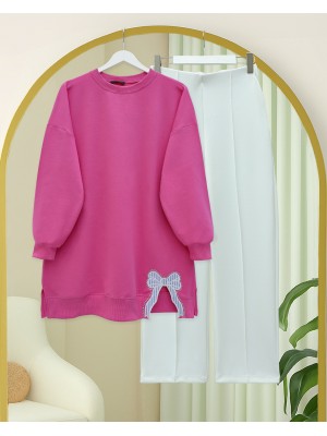 Loose Combed Cotton Tunic with Round Neck and Bow Detail -Pink