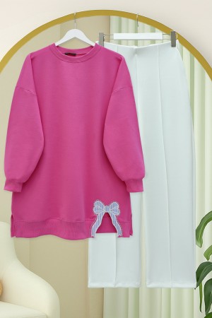 Yuvarlak Yaka Eteği Fiyonk Detaylı  Salaş Penye Tunik -Pembe