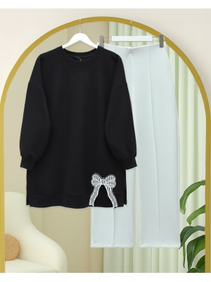 Loose Combed Cotton Tunic with Round Neck and Bow Detail -Black