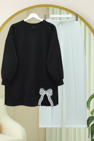 Yuvarlak Yaka Eteği Fiyonk Detaylı  Salaş Penye Tunik -Siyah