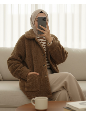 Boydan Düğmeli Cepli Pelüş Ceket    -Taba