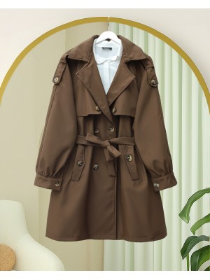 Omzu Apoletli Çift Düğmeli Bolerolu  Cepli Kemerli Trençkot   -Kahve