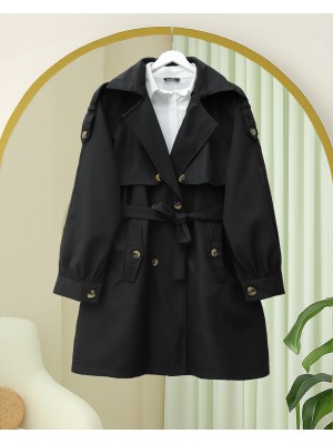 Omzu Apoletli Çift Düğmeli Bolerolu  Cepli Kemerli Trençkot  -Siyah