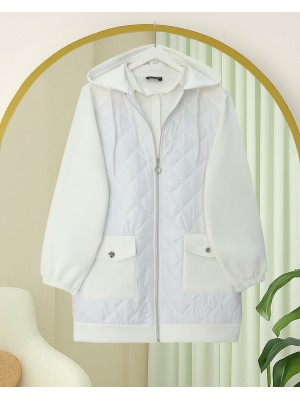 Önü Kapitone Detaylı Kapşonlu Cepli Scuba Sweat -Beyaz