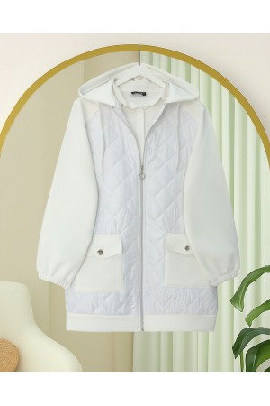 Önü Kapitone Detaylı Kapşonlu Cepli Scuba Sweat -Beyaz