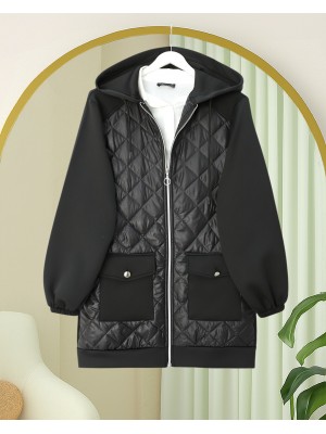 Quilted Detailed Hooded Scuba Sweat with Pocket -Black