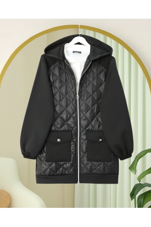 Önü Kapitone Detaylı Kapşonlu Cepli Scuba Sweat -Siyah