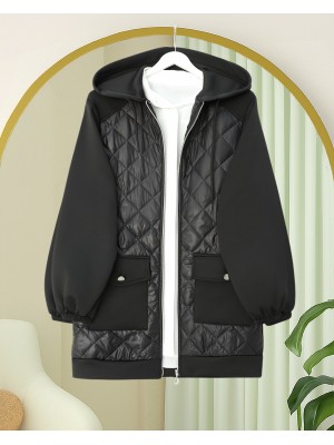 Quilted Detailed Hooded Scuba Sweat with Pocket -Black