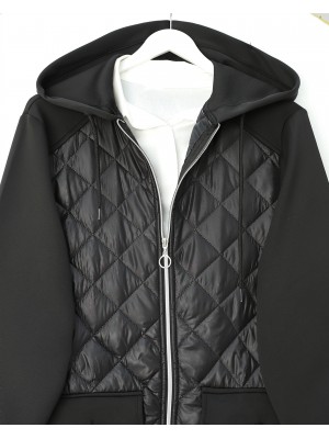 Quilted Detailed Hooded Scuba Sweat with Pocket -Black