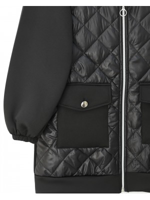 Quilted Detailed Hooded Scuba Sweat with Pocket -Black