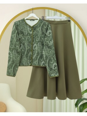 Etnik Desenli Top Düğmeli Scuba Takım -Haki