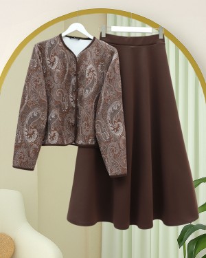 Etnik Desenli Top Düğmeli Scuba Takım -Kahve