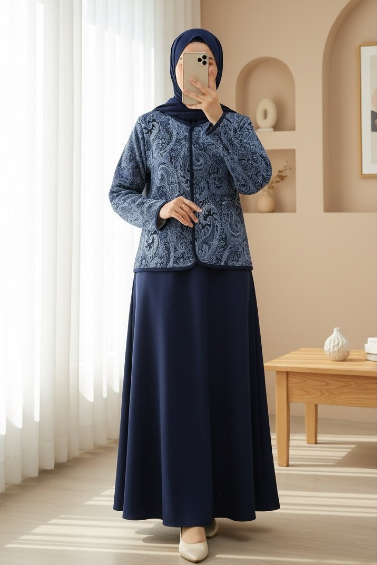 Ethnic Patterned Ball-Buttoned Scuba Suit -Navy blue