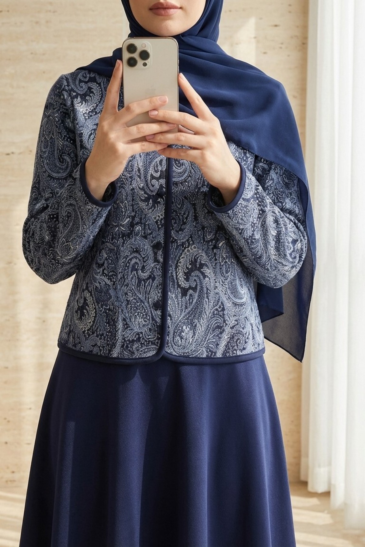 Ethnic Patterned Ball-Buttoned Scuba Suit -Navy blue