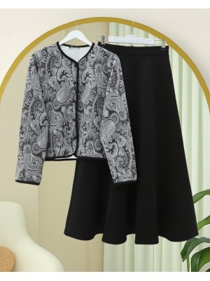 Etnik Desenli Top Düğmeli Scuba Takım -Siyah