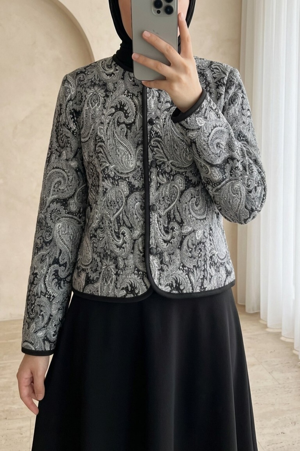 Ethnic Patterned Ball-Buttoned Scuba Suit -Black
