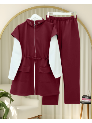 Çift Cepli Fermuarlı Lastik Detaylı Kısakollu Scuba Takım  -Bordo