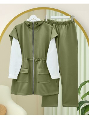 Çift Cepli Fermuarlı Lastik Detaylı Kısakollu Scuba Takım   -Haki