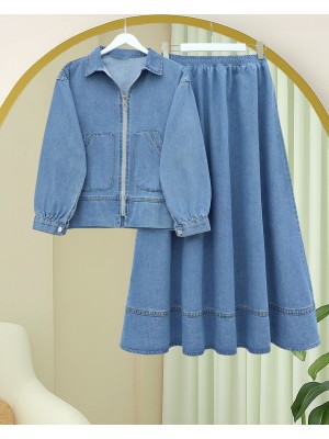 Önü Fermuarlı Çift Cepli Etekli Kot Takım -Buz Mavi