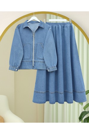 Önü Fermuarlı Çift Cepli Etekli Kot Takım -Buz Mavi