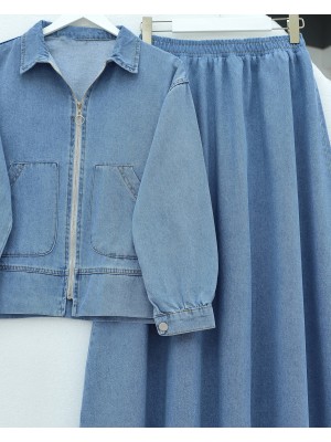 Önü Fermuarlı Çift Cepli Etekli Kot Takım -Buz Mavi